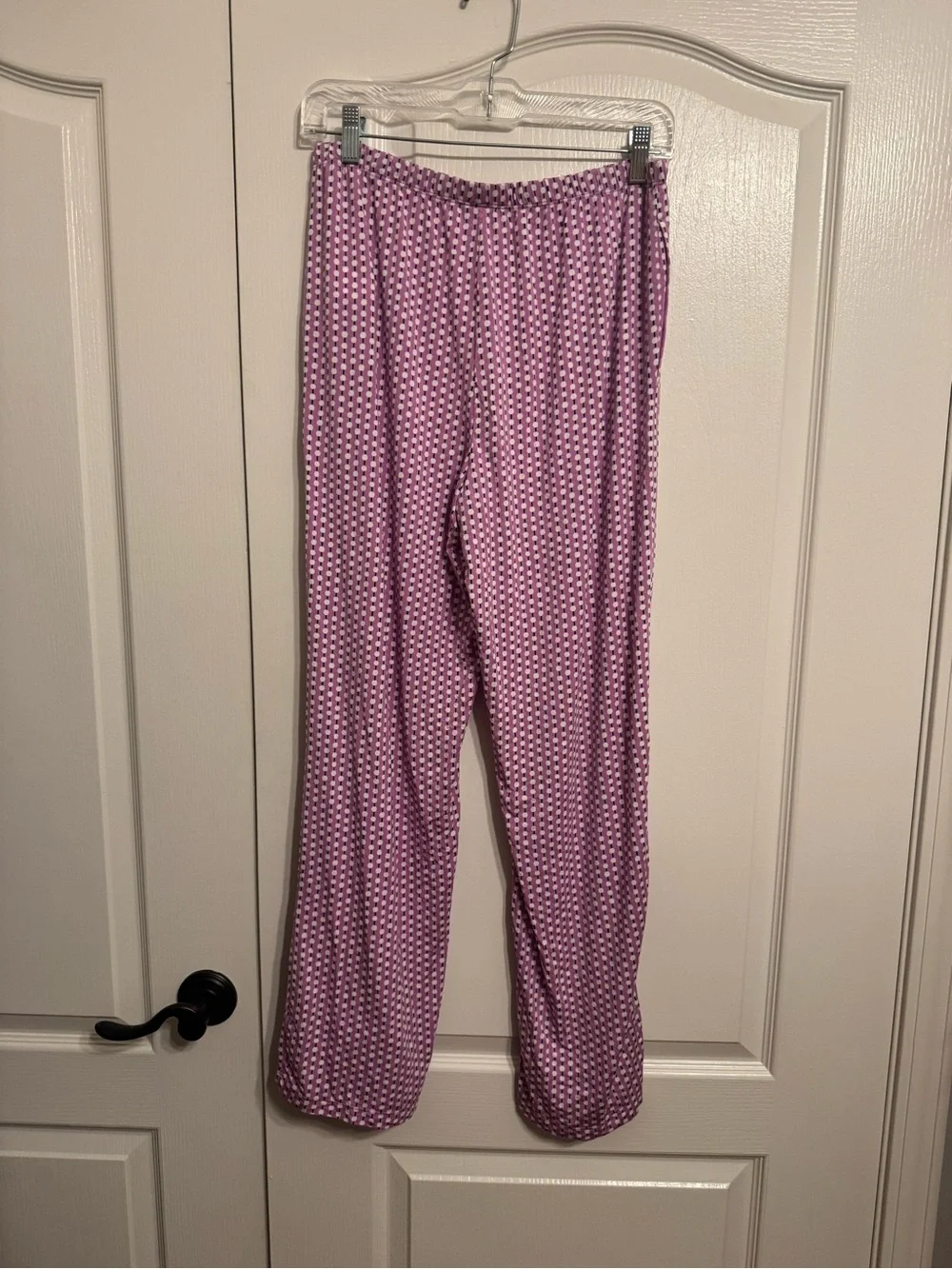 Ladies Long Sleeve Pink Patterned Pajama Set with Black Piping